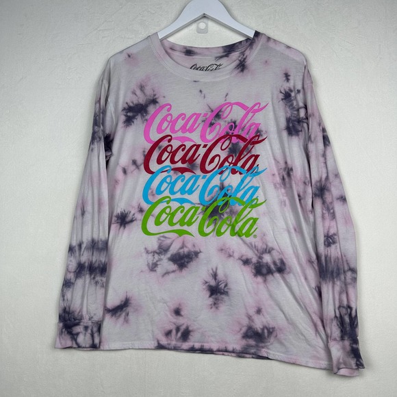 Coca-Cola Juniors Sz L Long Sleeve Graphic Tie Dye Tee Shirt Multicolor Logo Top - Picture 1 of 7